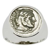 Greek 325-323 BC, Lifetime Issue Alexander the Great drachm in 14k white gold men's ring.