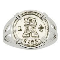 Colonial Spanish 1/4 real dated 1821, in 14k white gold ladies ring.