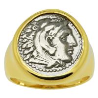 Greek 325-323 BC, Lifetime Issue Alexander the Great drachm in 14k gold men's ring.