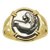 Greek 386-338 BC, Lion hemidrachm in 14k gold ladies ring.