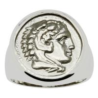 Greek 325-323 BC, Lifetime Issue Alexander the Great drachm in 14k white gold men's ring.