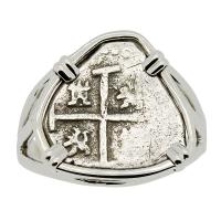 Spanish 1/2 real dated 1627, in 14k white gold ladies ring.