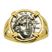 Greek 170-150 BC, Sun God Helios and Rose Hemidrachm in 14k gold ladies ring